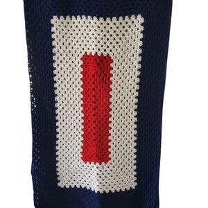 Handmade Crochet Blanket Red White Blue Stripes Design Soft Cotton 25" X 45"